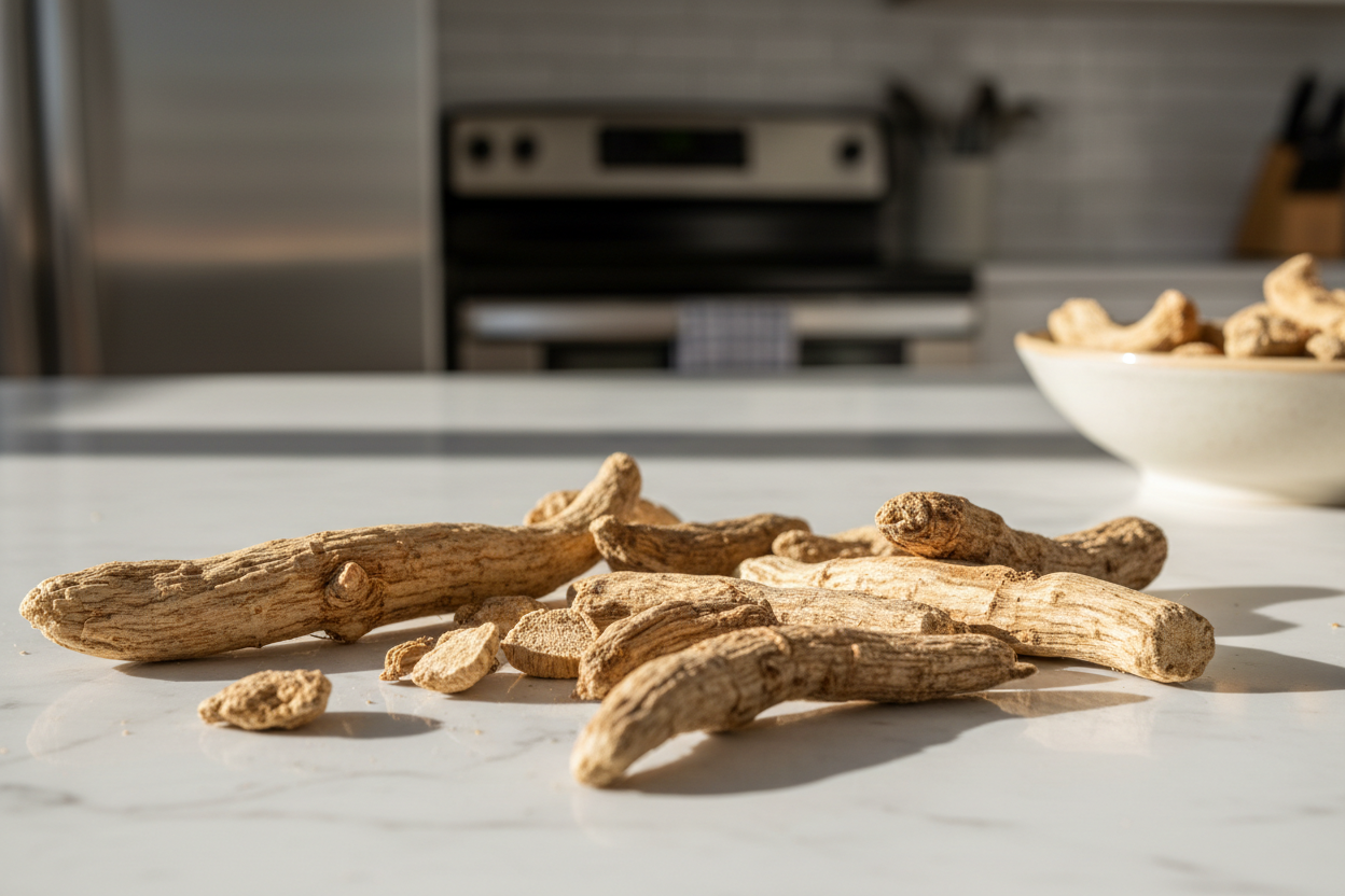 ashwagandha root pieces on a kitchen counter top